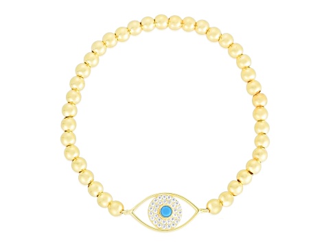 Sterling Statements 14K Yellow Gold Over Sterling Lab Turquoise and CZ Evil Eye Stretch Bracelet