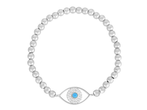 Sterling Statements Rhodium Over Sterling Silver Lab Turquoise CZ Evil Eye Ball Stretch Bracelet