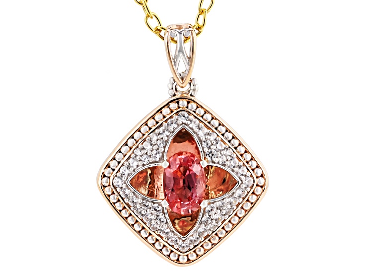 Padparadscha Sapphire & White Zircon 18k Gold Over Palladium Silver Pendant W/ Chain 2.25ctw