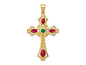 14k Yellow Gold Textured Ruby and Emerald Cabochon Cross Pendant