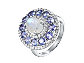 Pastel Color Tanzanite & Moonstone Rhodium Over Sterling Silver Ring 1.80 Cttw