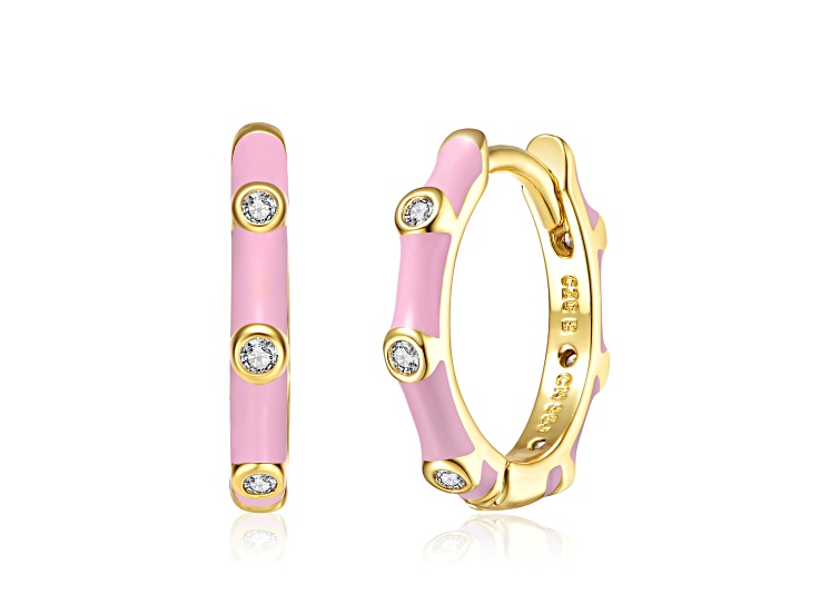 Clear Cubic Zirconia, 14K Gold Plated over Brass with Pink Enamel Hoop Earrings for Kids