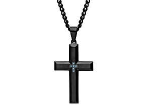 Black Ion-Plated Stainless Steel and Blue Diamond Cross Pendant with Chain
