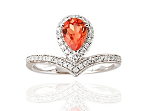 Rhodium Over Sterling Silver Lab Created Pear Shaped Padparadscha Sapphire and Moissanite Ring