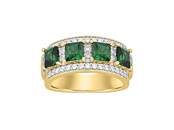 10K Yellow Gold 0.50CTW Princess Cut Lab Created Emerald with Round Lab-Grown Diamond Band Ring