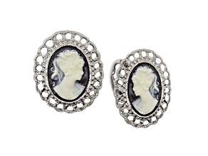 1928 Jewelry Silver-Tone Black Cameo Oval Filigree Clip Earrings