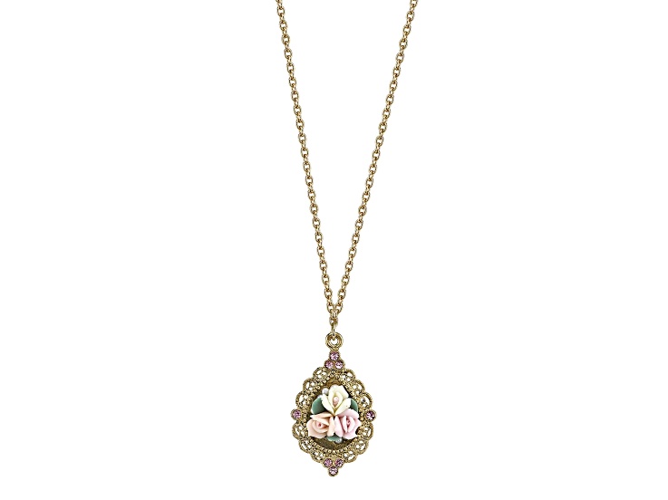 1928 Jewelry Gold Tone Brass Pink Crystal Porcelain Rose Pendant With Chain 16 Inch Adjustable