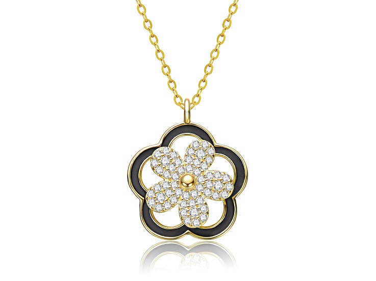 14K Gold Plated over Brass with Cubic Zirconia & Black Enamel Flower Design Drop Pendant Necklace
