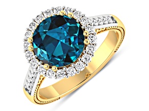 Round London Blue Topaz and Diamond 14K Yellow Gold Halo Ring 3.44 ctw
