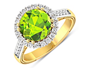 Round Green Peridot and Diamond 14K Yellow Gold Halo Ring 3.14 ctw