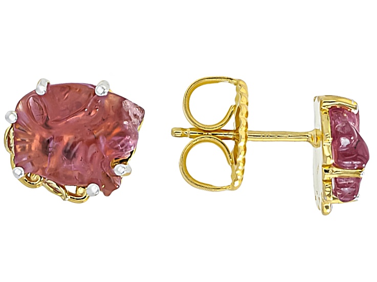 Pink Tourmaline 24K Gold Over Palladium Sterling Silver Carved Panther Earrings3.88ctw