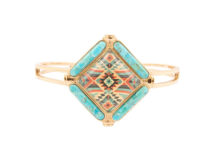 Barse Jewelry Blue Turquoise Gold Tone Scenic Native Weave Cuff Bracelet