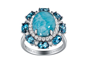 Oval London Blue Topaz and Larimar with Round White Zircon Rhodium Over Sterling Silver Ring 2.8Cttw