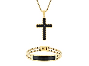 Diamond Accent Two-Tone Stainless Steel Cross Pendant & ID Bracelet Set