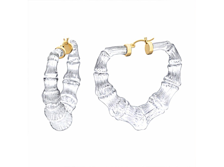 14K Yellow Gold Over Sterling Silver Clear Acrylic Heart Bamboo Hoop Earrings
