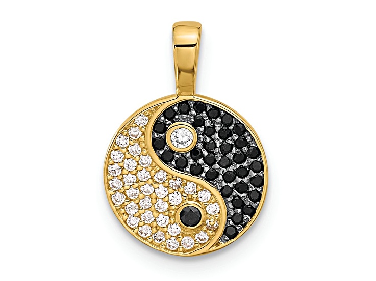 14K Two-tone Gold Black and Clear Cubic Zirconia Yin and Yang Pendant