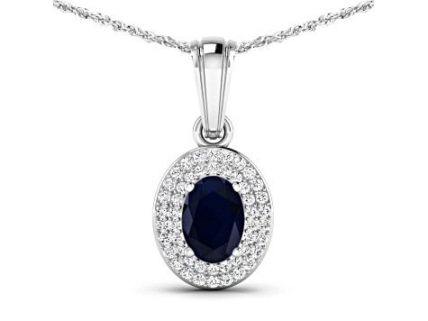 0.75ctw 14K White Gold Blue Sapphire and White Diamond Pendant with 18 inch Cable Chain