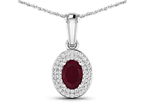 0.85ctw 14K White Gold Ruby and White Diamond Pendant with 18 inch Cable Chain