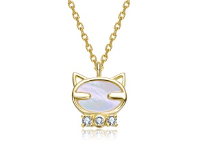 Mother Of Pearl & Clear Cubic Zirconia, 14K Gold Plated over Brass Cat Pendant Necklace For Kids