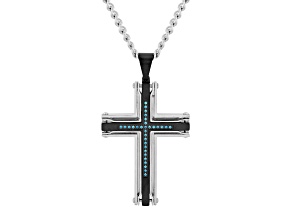 Two-tone Ion-Plated Stainless Steel and Blue Diamond Stacked Cross Pendant With Chain 1/9ctw
