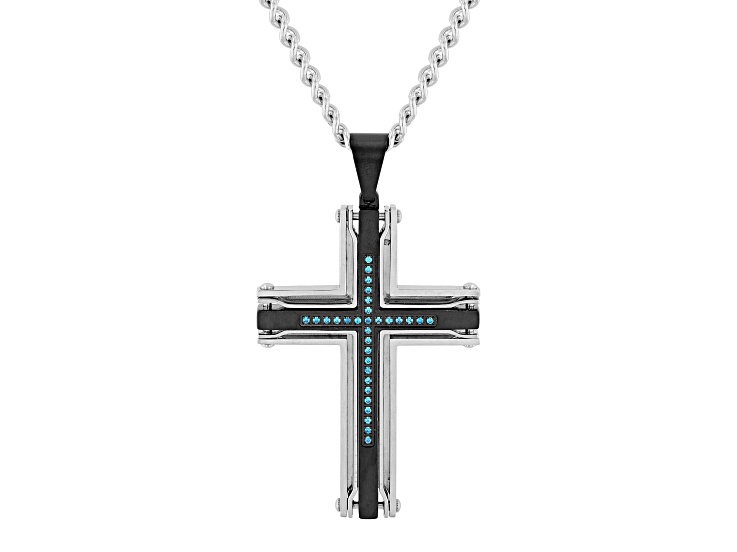 Two-tone Ion-Plated Stainless Steel and Blue Diamond Stacked Cross Pendant With Chain 1/9ctw