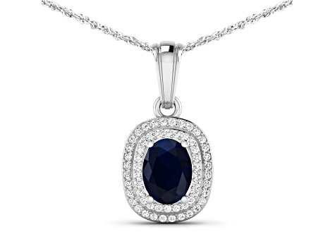 1.30ctw 14K White Gold Blue Sapphire and White Diamond Pendant with 18 inch Cable Chain