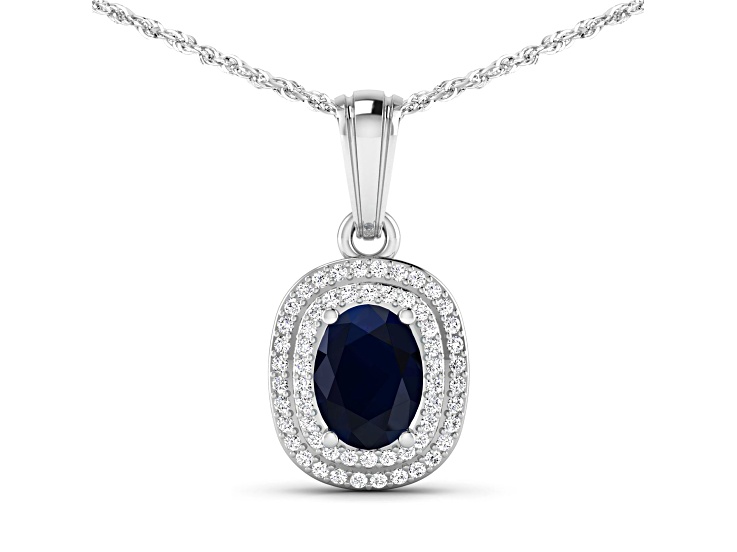 1.30ctw 14K White Gold Blue Sapphire and White Diamond Pendant with 18 inch Cable Chain