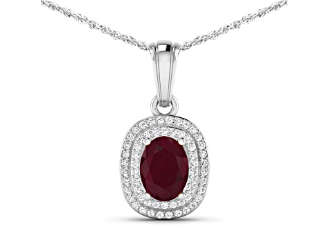 1.50ctw 14K White Gold Ruby and White Diamond Pendant with 18 inch Cable Chain