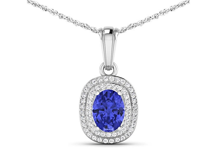 1.09ctw 14K White Gold Tanzanite and White Diamond Pendant with 18 inch Cable Chain