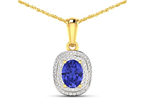 1.09ctw 14K Yellow Gold Tanzanite and White Diamond Pendant with 18 inch Cable Chain