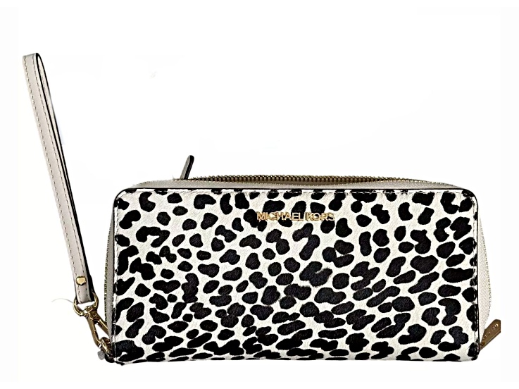 Michael KorsÂ Jet Set Travel Large Continental Wristlet Wallet in Cream Leopard Calf Hair