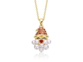 Colored Cubic Zirconia & White Pearl , 14K Gold Plated over Brass Santa face Pendant necklace