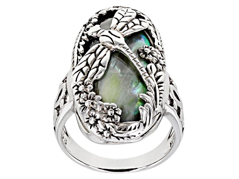 Multi Color Abalone Shell Rhodium Over Sterling Silver Dragonfly Ring