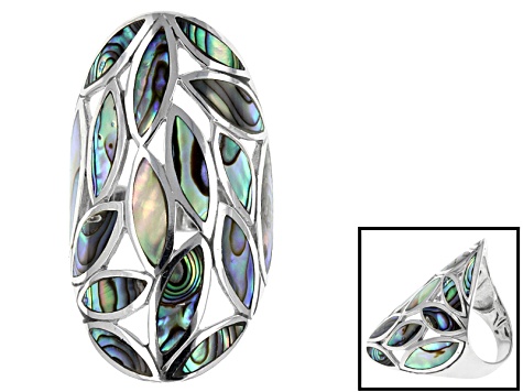 Multi Color Marquise Abalone Shell Rhodium Over Sterling Silver Open Design Ring