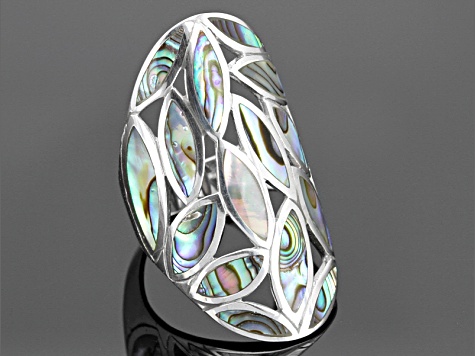 Multi Color Marquise Abalone Shell Rhodium Over Sterling Silver Open Design Ring