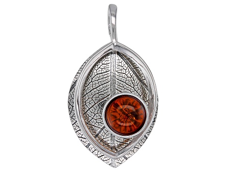 Orange amber rhodium over sterling silver leaf pendant