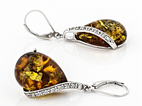 Orange amber rhodium over sterling silver earrings