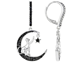 Black Spinel Rhodium Over Silver Crescent-Moon, Cat & Star Dangle Earrings .57ctw