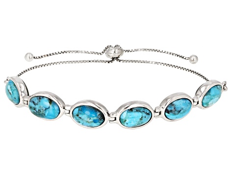 Blue Turquoise Rhodium Over Sterling Silver Two-Sided Bolo Bracelet