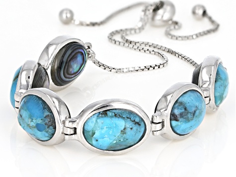 Blue Turquoise Rhodium Over Sterling Silver Two-Sided Bolo Bracelet