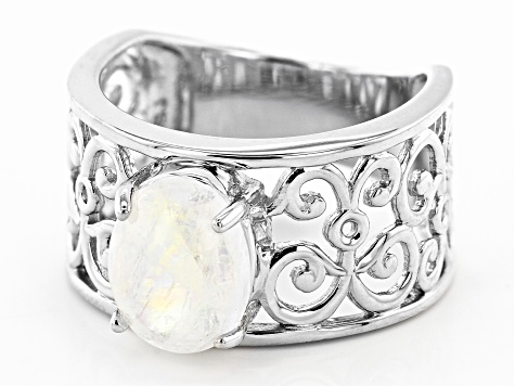 Oval rainbow moonstone rhodium over sterling silver solitaire ring 2.55ct
