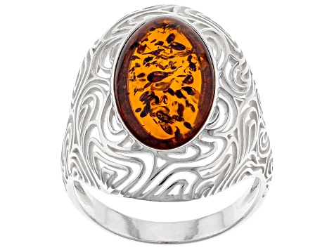 Orange Amber Sterling Silver Solitaire Ring