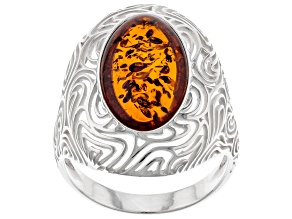 Orange Amber Sterling Silver Solitaire Ring