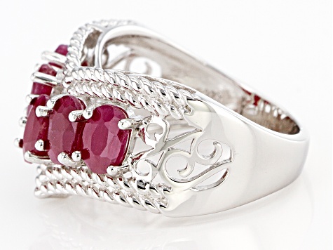 Red Ruby Rhodium Over Sterling Silver Chevron Ring 3.10ctw