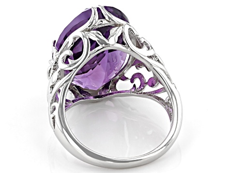 Oval Brazilian Amethyst Rhodium Over Sterling Silver Solitaire Ring. 10.63ctw