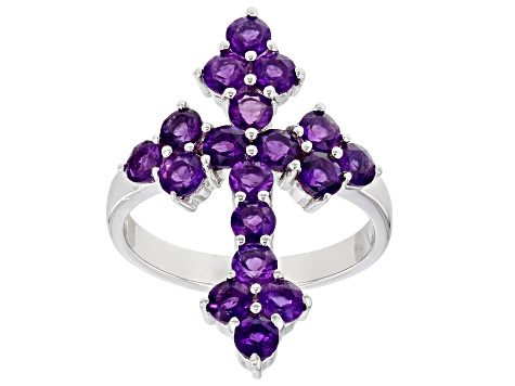 Purple Amethyst Rhodium Over Sterling Silver Cross Ring 1.53ctw