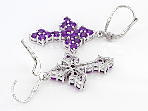 Purple Amethyst Rhodium Over Sterling Silver Cross Dangle Earrings 1.83ctw