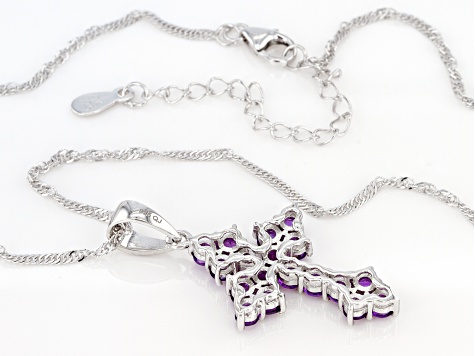 Purple Amethyst Rhodium Over Sterling Silver Cross Pendant With Chain 1.53ctw