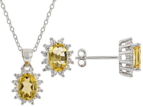 Yellow Citrine Rhodium Over Silver Earrings And Pendant Chain Set 2.78ctw