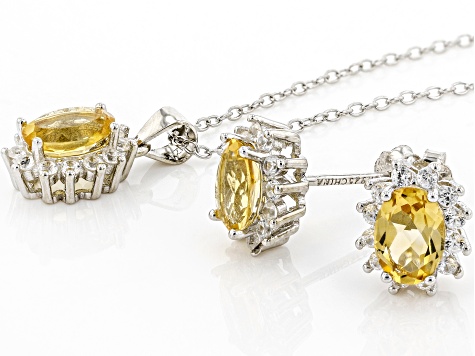 Yellow Citrine Rhodium Over Silver Earrings And Pendant Chain Set 2.78ctw